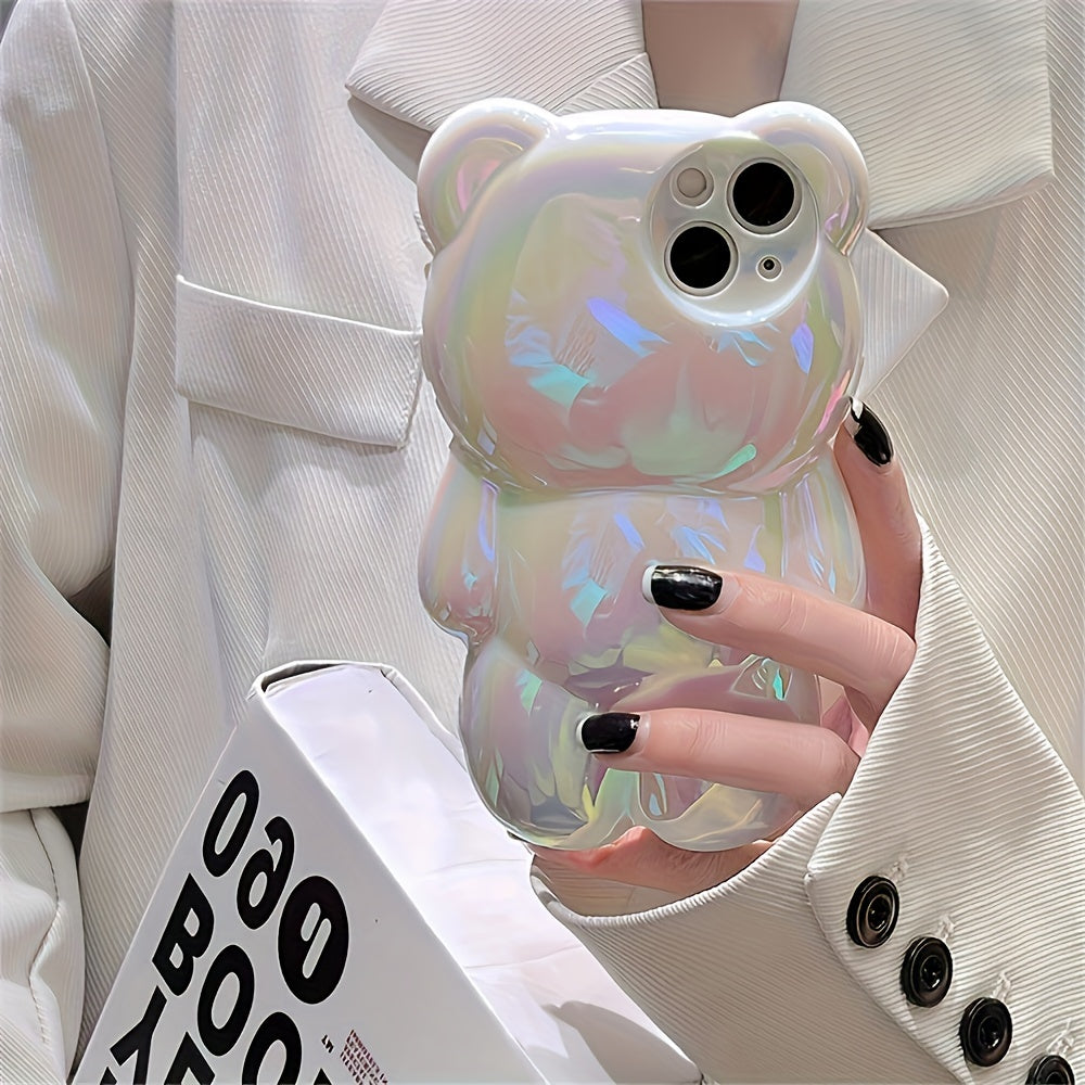 Cute Bear Aurora Laser Transparent Phone Case for iPhone 15 14 13 12 11 Pro Max Plus Luxury Cartoon Bear Clear Soft Shockproof Cover